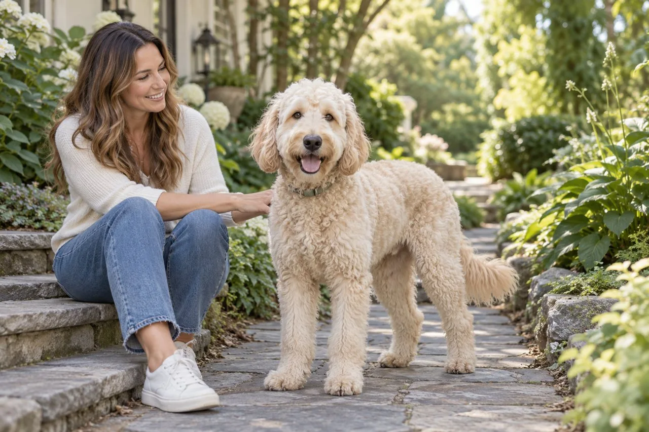 Owner sitting outdoors beside a curly-coated dog